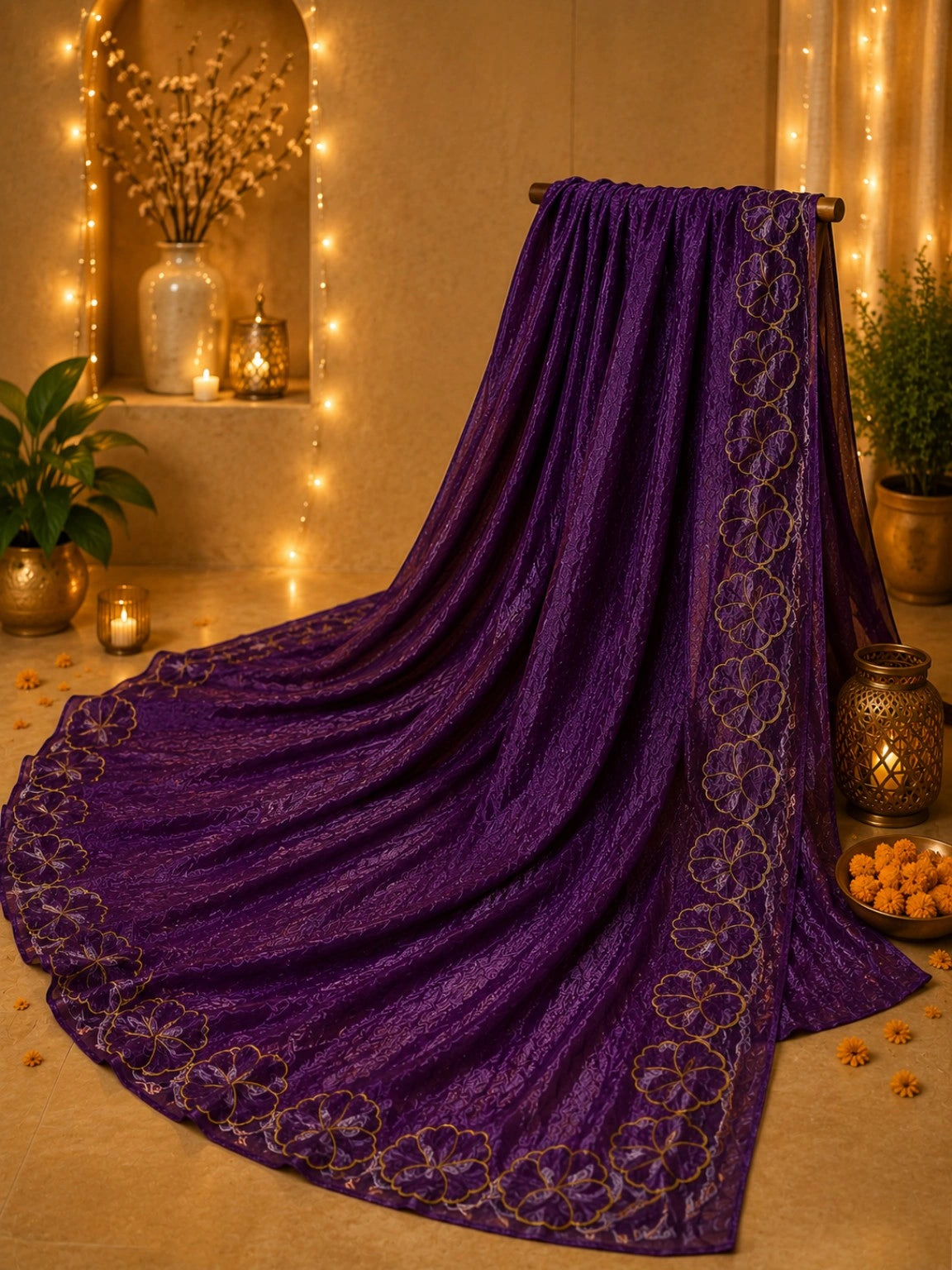 Purple Fandy Satin Embroidered Saree with Gold Floral Border Work – Festive & Party Wear