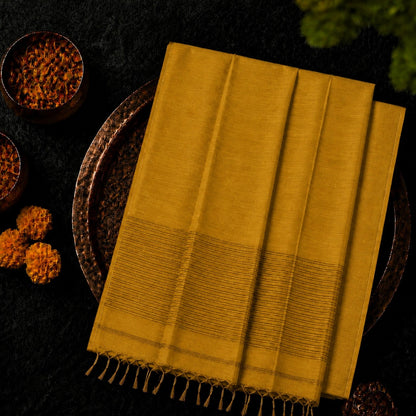 Mustard Yellow Linen Zari Saree with Subtle Woven Border Design
