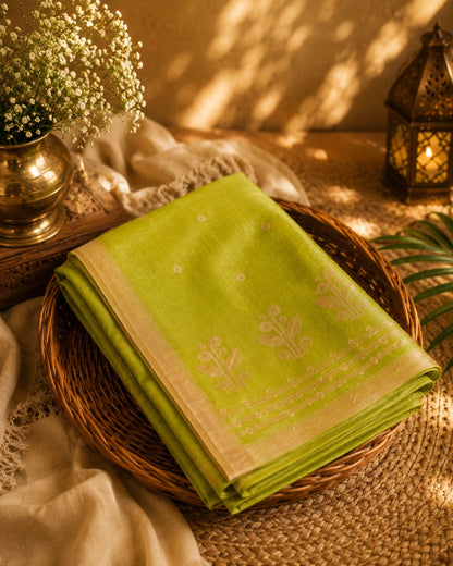 Lime Green Cotton Tangail Handloom Saree with Traditional Floral Buti Motifs & Woven Border