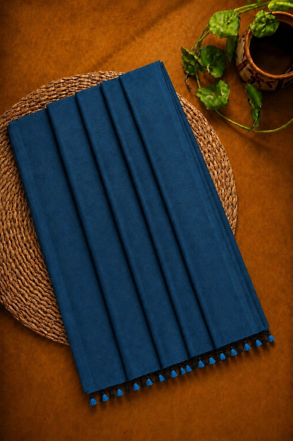 Deep Navy Blue Plain Khadi Saree with Tassel Pallu – Lightweight Handloom Style Everyday Wear