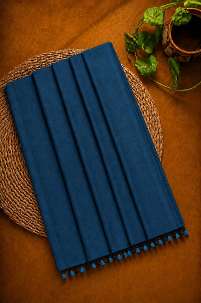 Deep Navy Blue Plain Khadi Saree with Tassel Pallu – Lightweight Handloom Style Everyday Wear