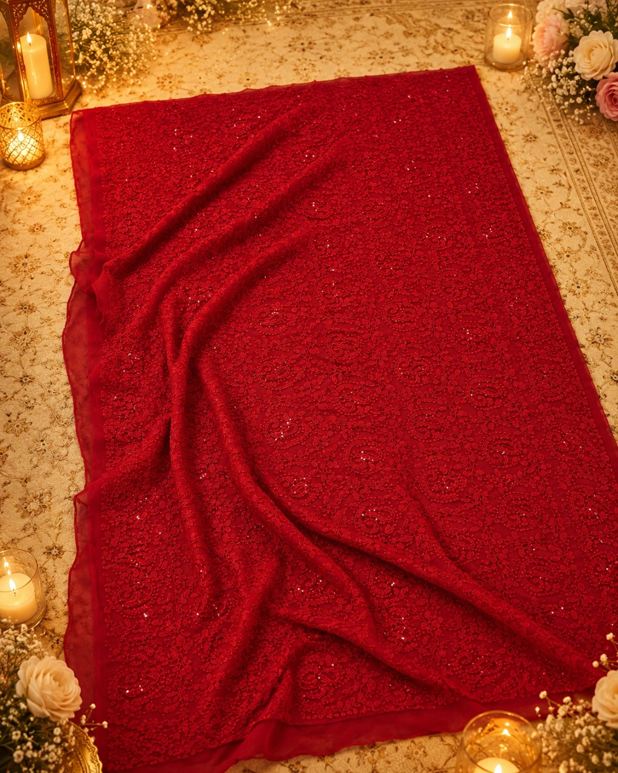 Red Chikankari Scallop Border Saree with Paisley Embroidery & Sequin Work