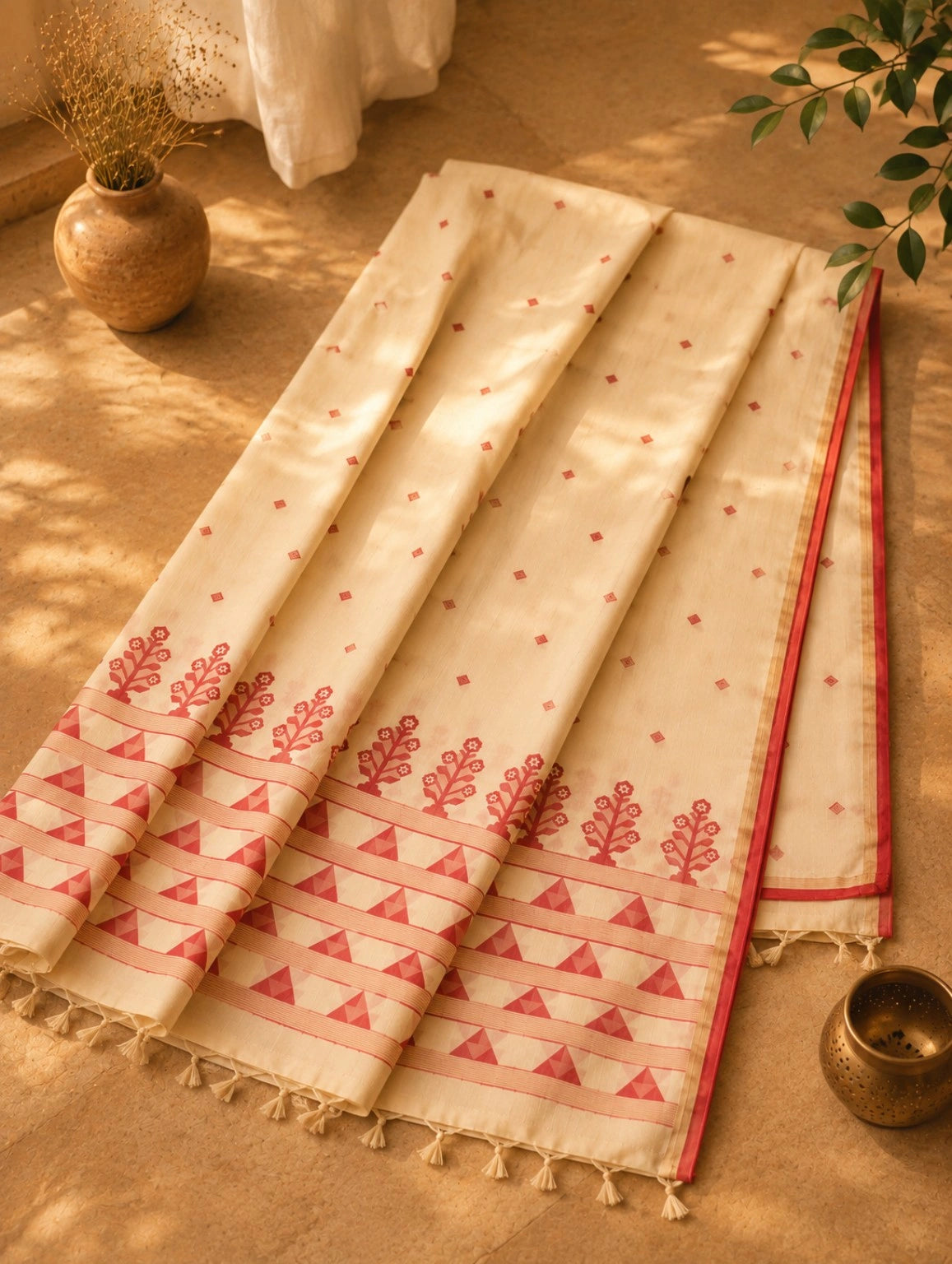 Off White Cotton Tangail Handloom Saree with Red Tribal Tree Motif Border