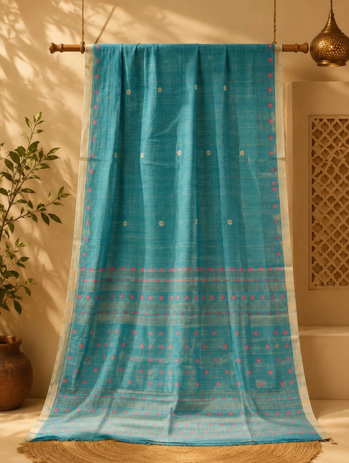 Sky Blue Cotton Tangail Handloom Saree with Pink Floral Buti & Checked Weave