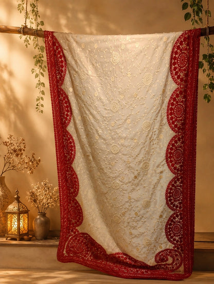 WEVOW Off White Soft Georgette Lucknow Embroidery Saree with Red Floral Cutwork Border