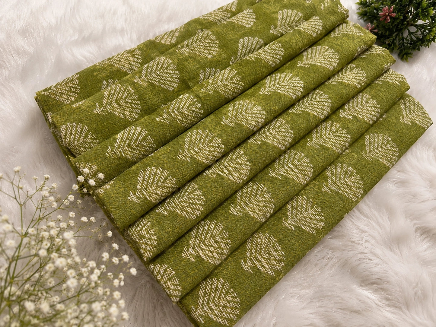 Olive Green Kota Dori Hand Block Print Saree