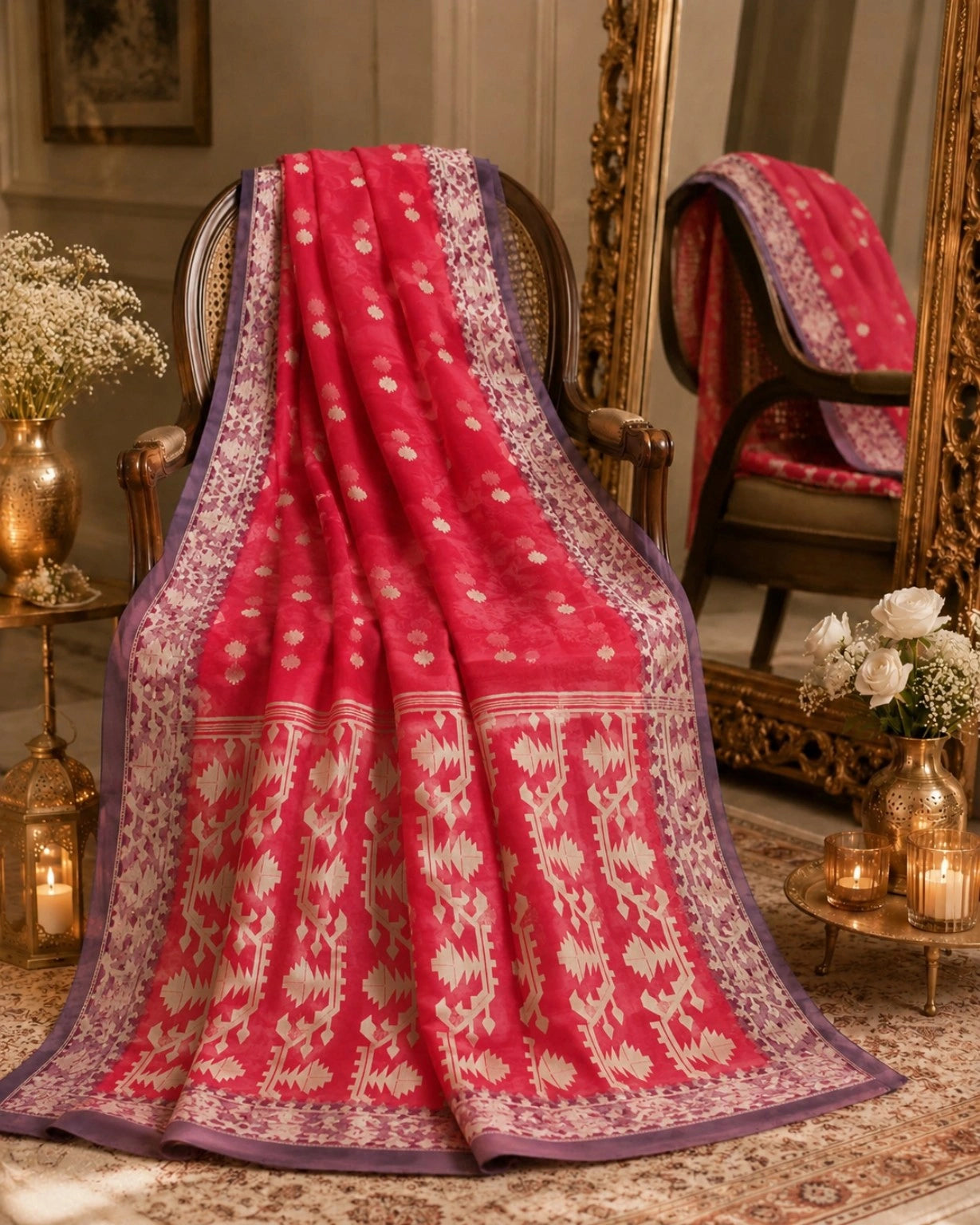 Pink Muslin Jamdani Saree with Floral Buti Weaving and Traditional White Jamdani Border