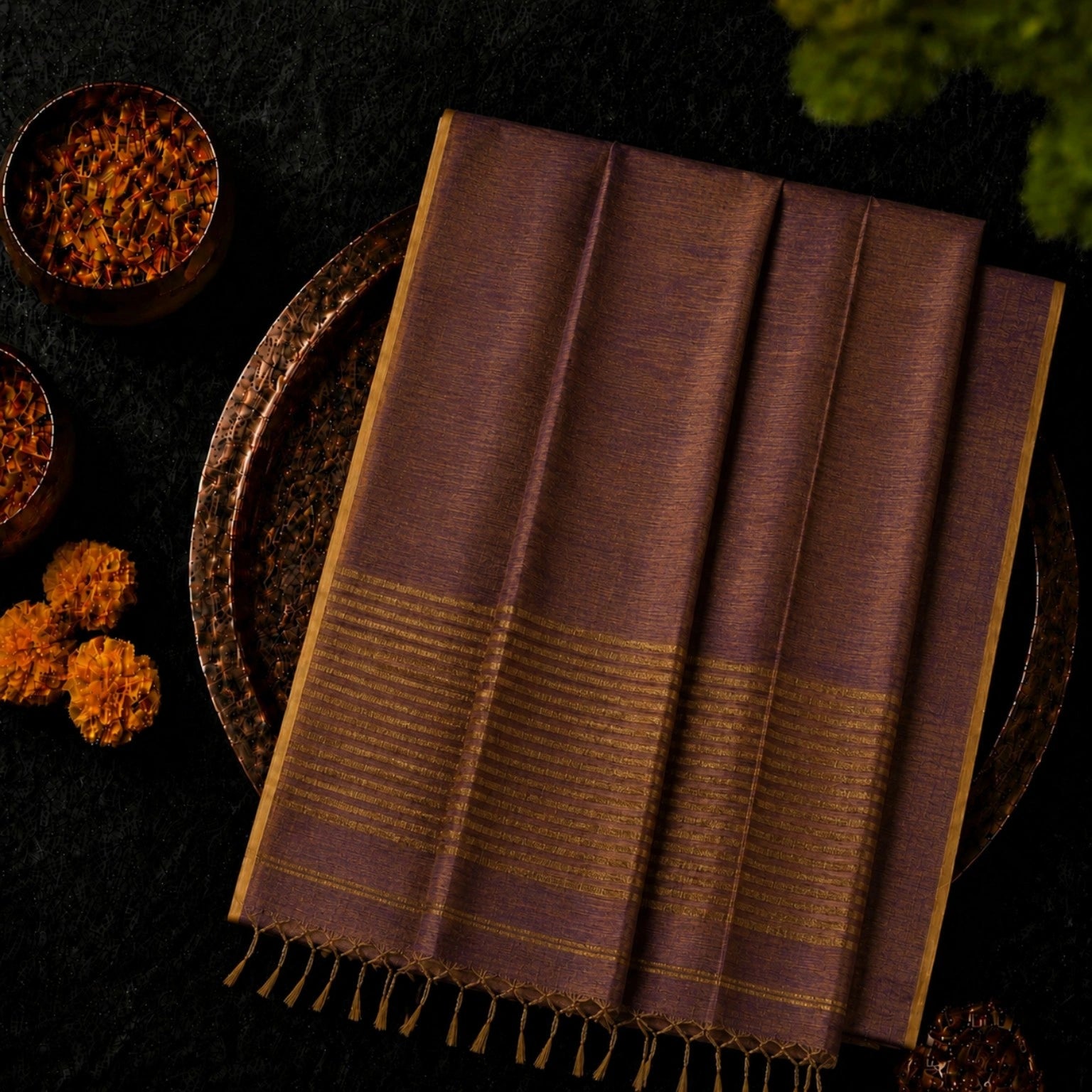 Deep Plum Linen Zari Saree with Gold Striped Pallu and Tassel Detailing