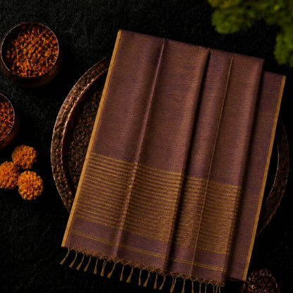 Deep Plum Linen Zari Saree with Gold Striped Pallu and Tassel Detailing