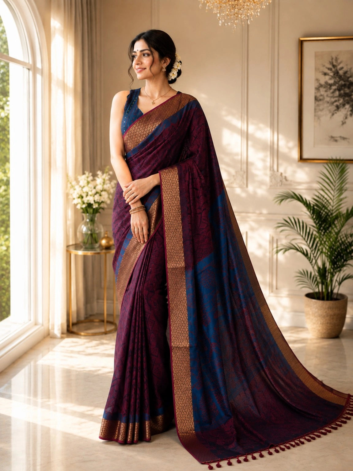 Handloom Cotton Saree in Deep Wine & Navy Blue with Woven Border