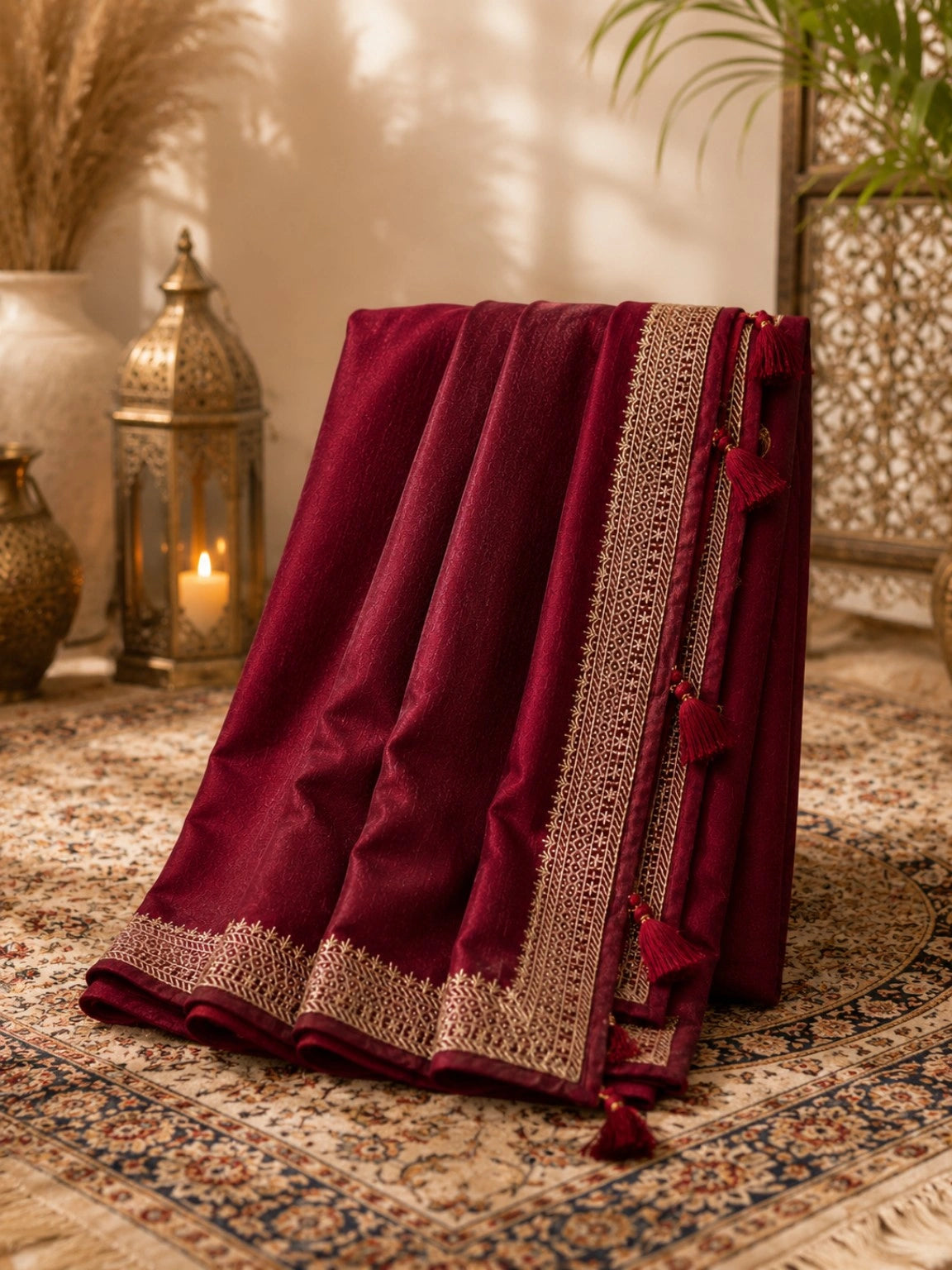 Maroon Soft Vichitr Silk Saree with Intricate Golden Woven Border & Tassel Pallu
