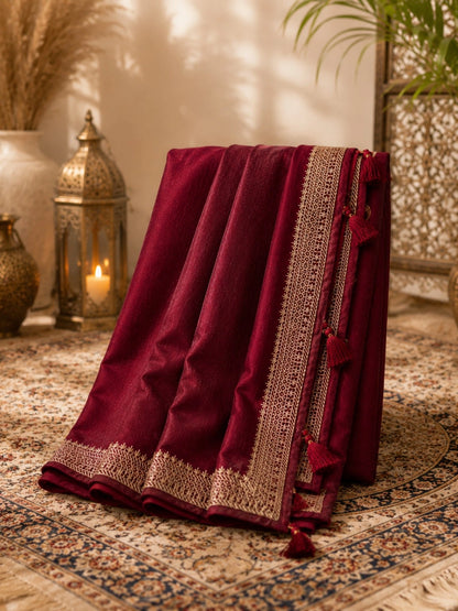 Maroon Soft Vichitr Silk Saree with Intricate Golden Woven Border & Tassel Pallu