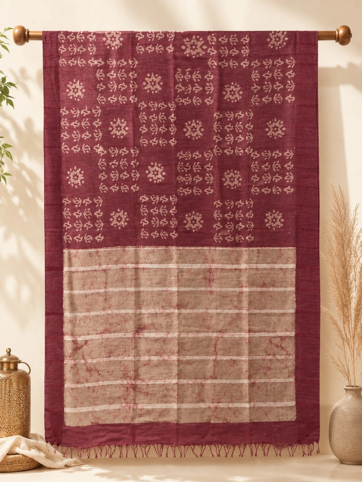 Maroon Linen Batik Print Saree with Beige Abstract Motifs & Contrast Pallu