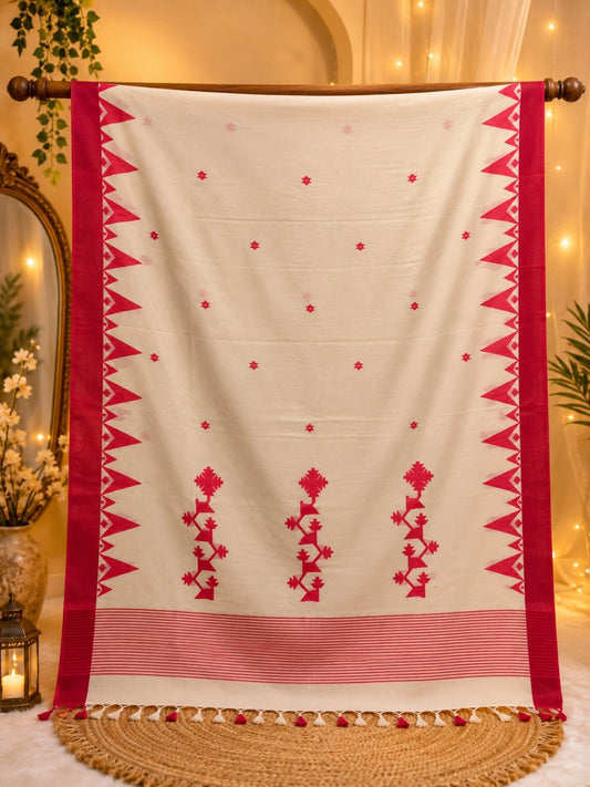 WEVOW Off-White Pure Cotton Hand Weaving Saree with Red Tribal Motifs & Geometric Border