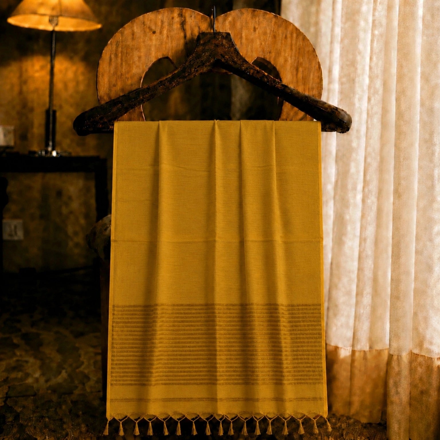 Mustard Yellow Linen Zari Saree with Subtle Woven Border Design