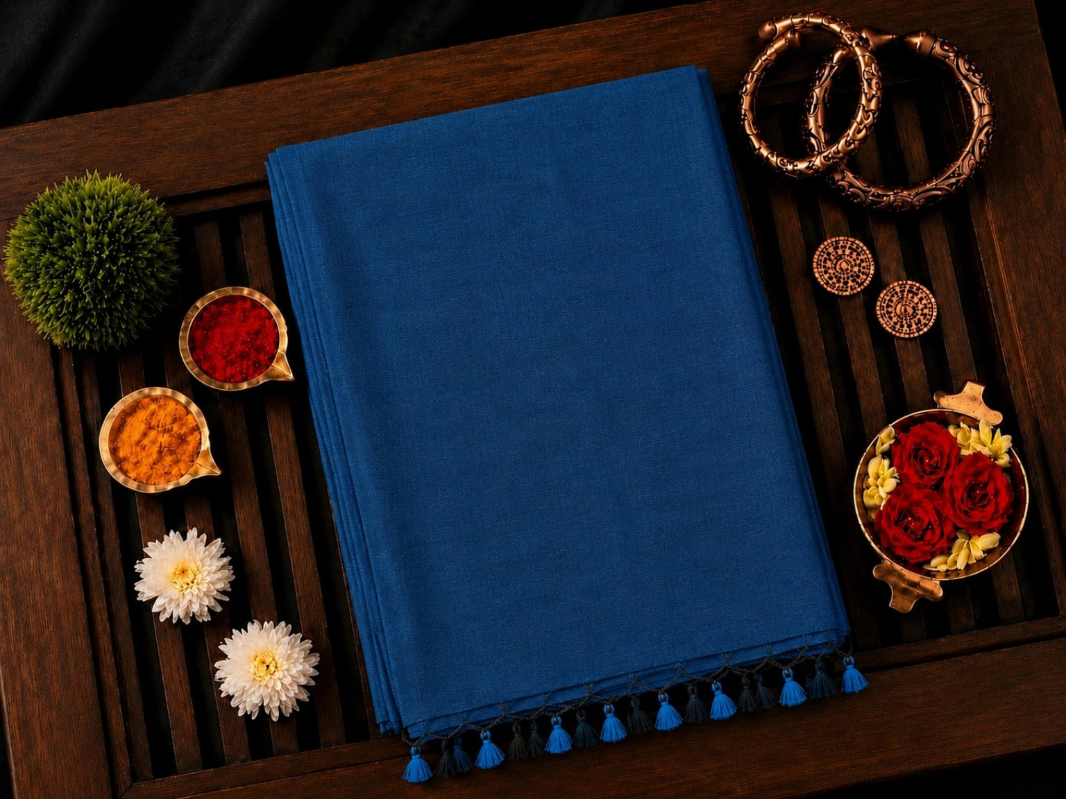 Deep Navy Blue Plain Khadi Saree with Tassel Pallu – Lightweight Handloom Style Everyday Wear