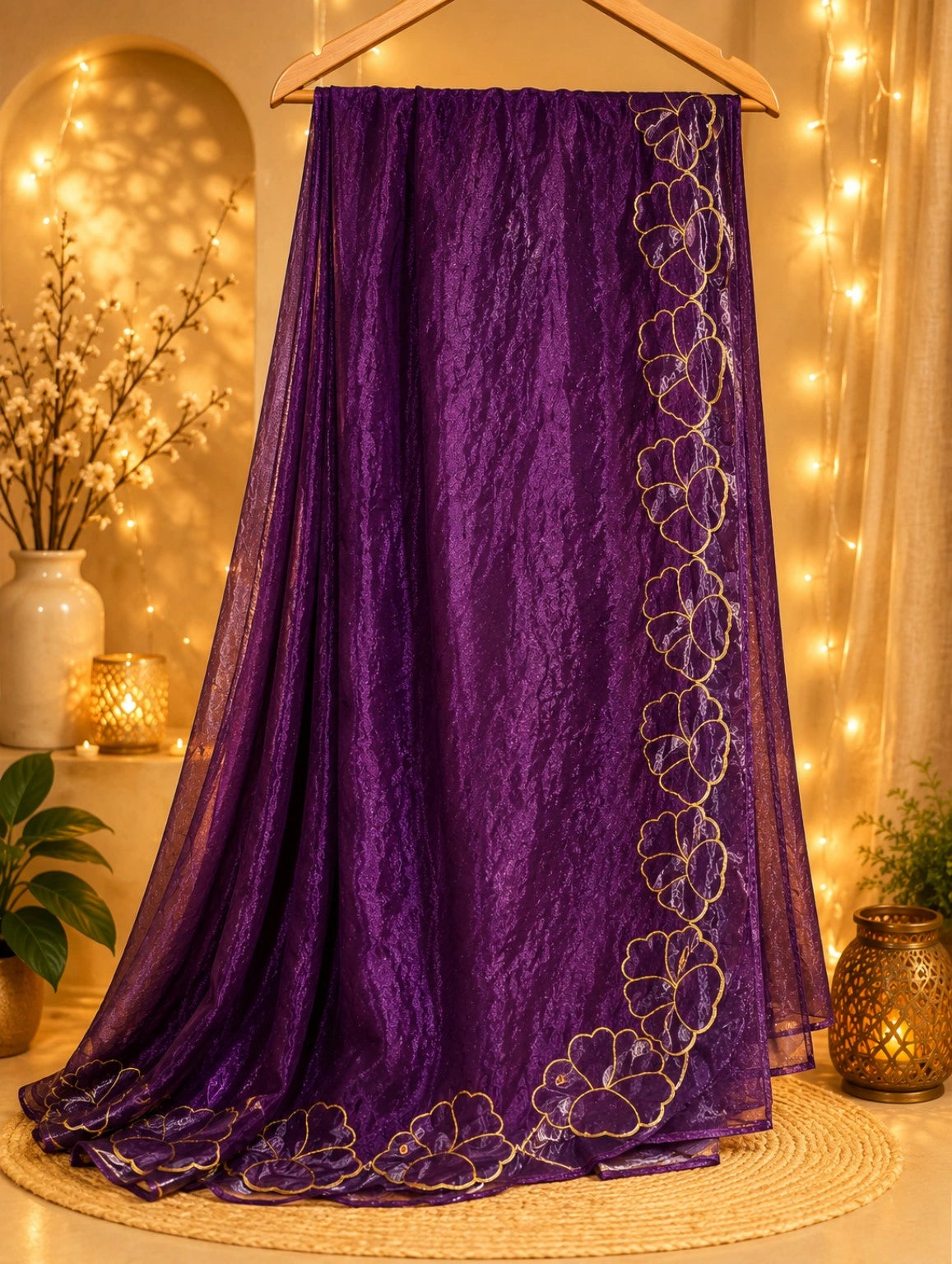 Purple Fandy Satin Embroidered Saree with Gold Floral Border Work – Festive & Party Wear