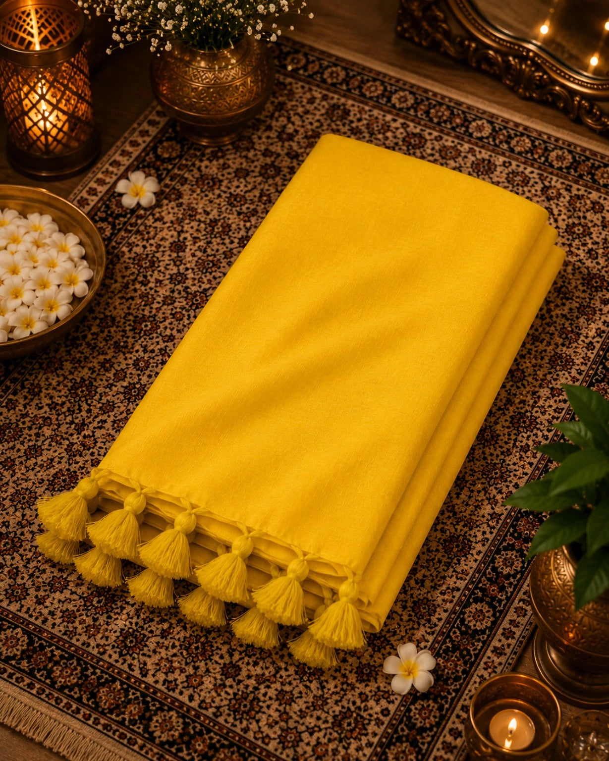 Sunshine Yellow Solid Color Pure Cotton Saree with Matching Tassel Border