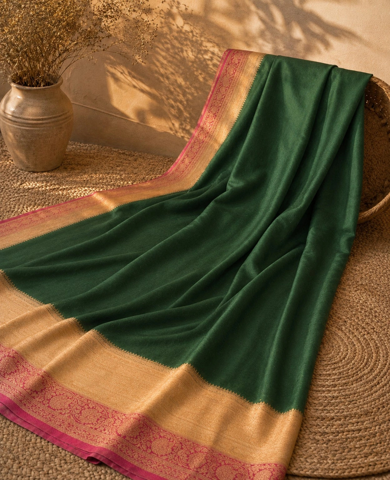 Emerald Green Chinon Coco Zari Khaddi Saree with Gold Woven Border & Rani Pink Zari Accents