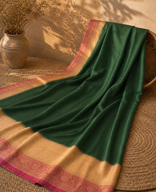 Emerald Green Chinon Coco Zari Khaddi Saree with Gold Woven Border & Rani Pink Zari Accents