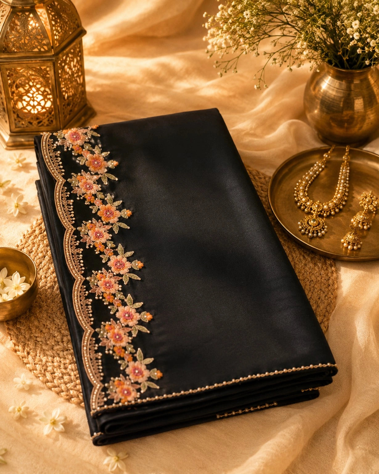 Black Soft Premium Silk Saree with Peach Floral Embroidered Scalloped Border
