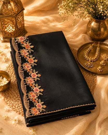 Black Soft Premium Silk Saree with Peach Floral Embroidered Scalloped Border