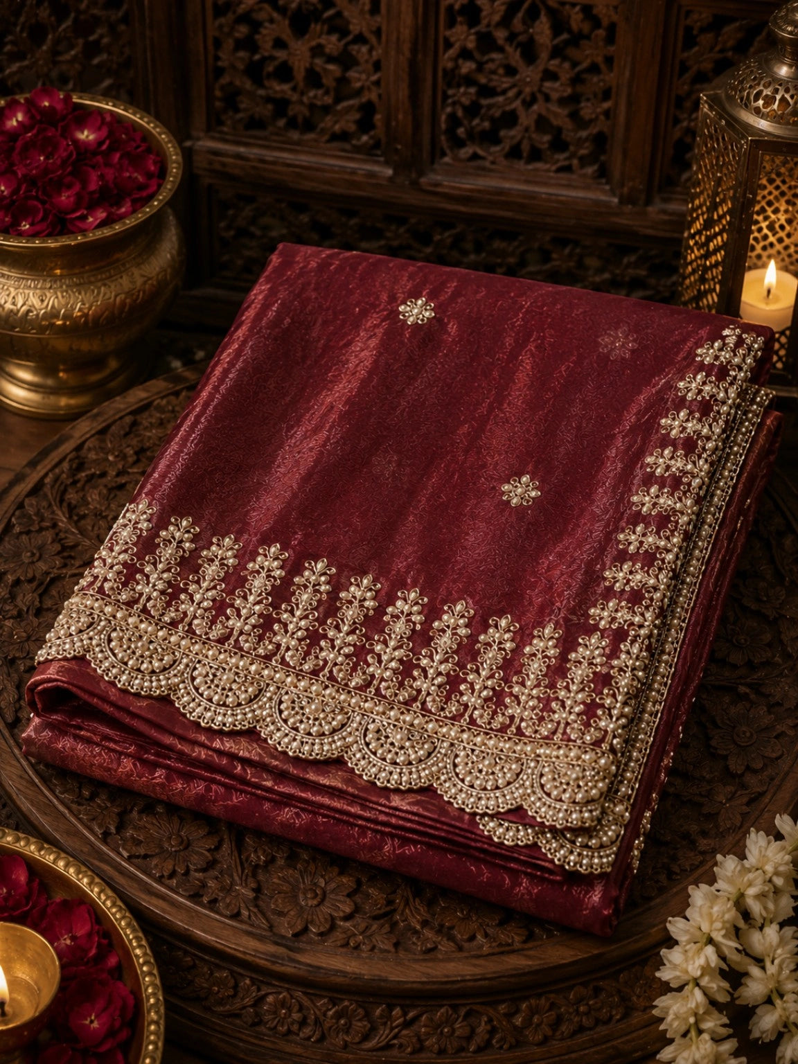 Wine Maroon Jimmy Choo Saree with Gold Embroidered Floral Buta and Scalloped Border