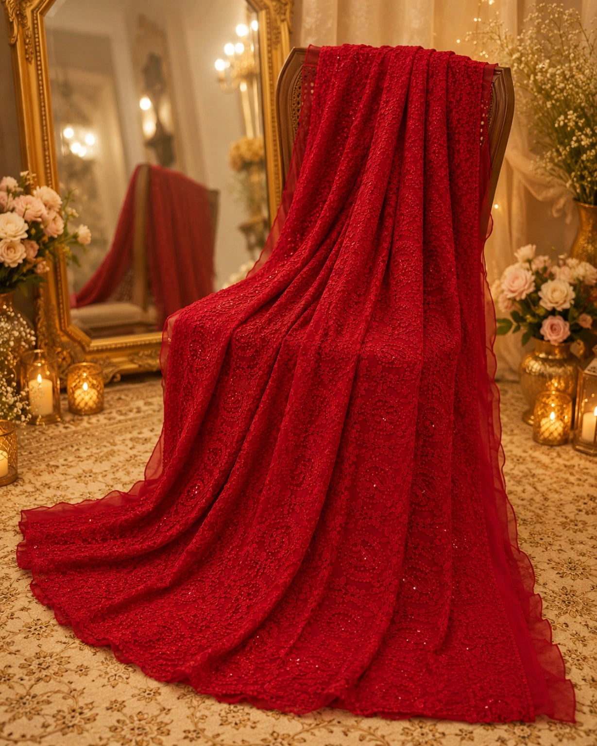 Red Chikankari Scallop Border Saree with Paisley Embroidery & Sequin Work