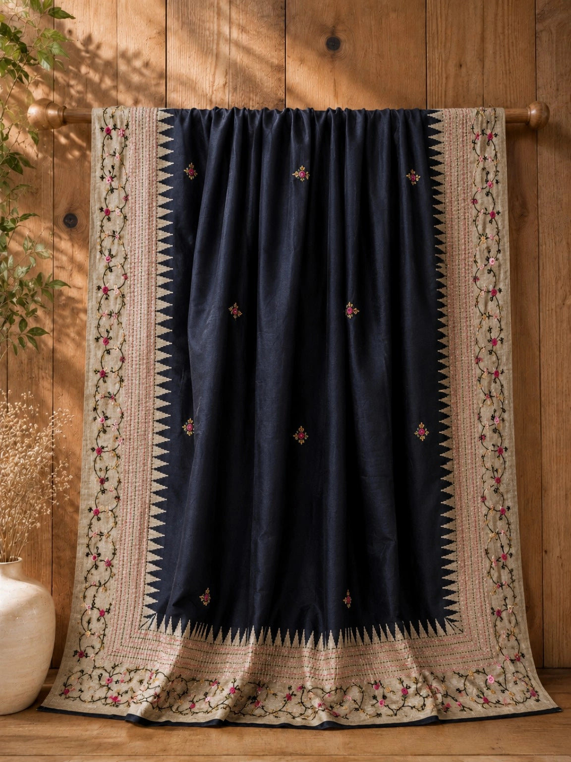 Black Embroidered Saree with Beige Floral Vine Border and Zigzag Weave Accents