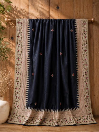 Black Embroidered Saree with Beige Floral Vine Border and Zigzag Weave Accents