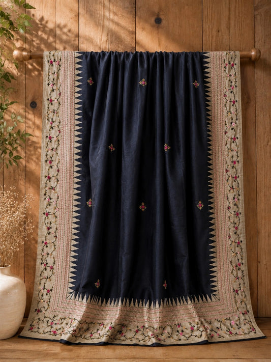 Black Embroidered Saree with Beige Floral Vine Border and Zigzag Weave Accents