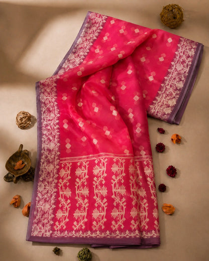Pink Muslin Jamdani Saree with Floral Buti Weaving and Traditional White Jamdani Border