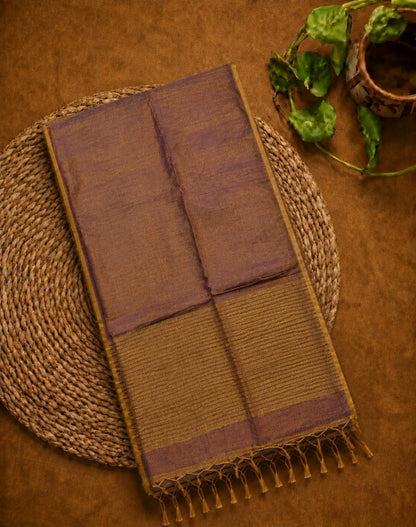 Deep Plum Linen Zari Saree with Gold Striped Pallu and Tassel Detailing