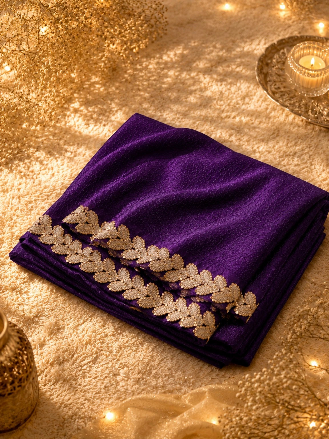 Deep Purple Jimmy Choo Saree with Golden Leaf Embellished Border