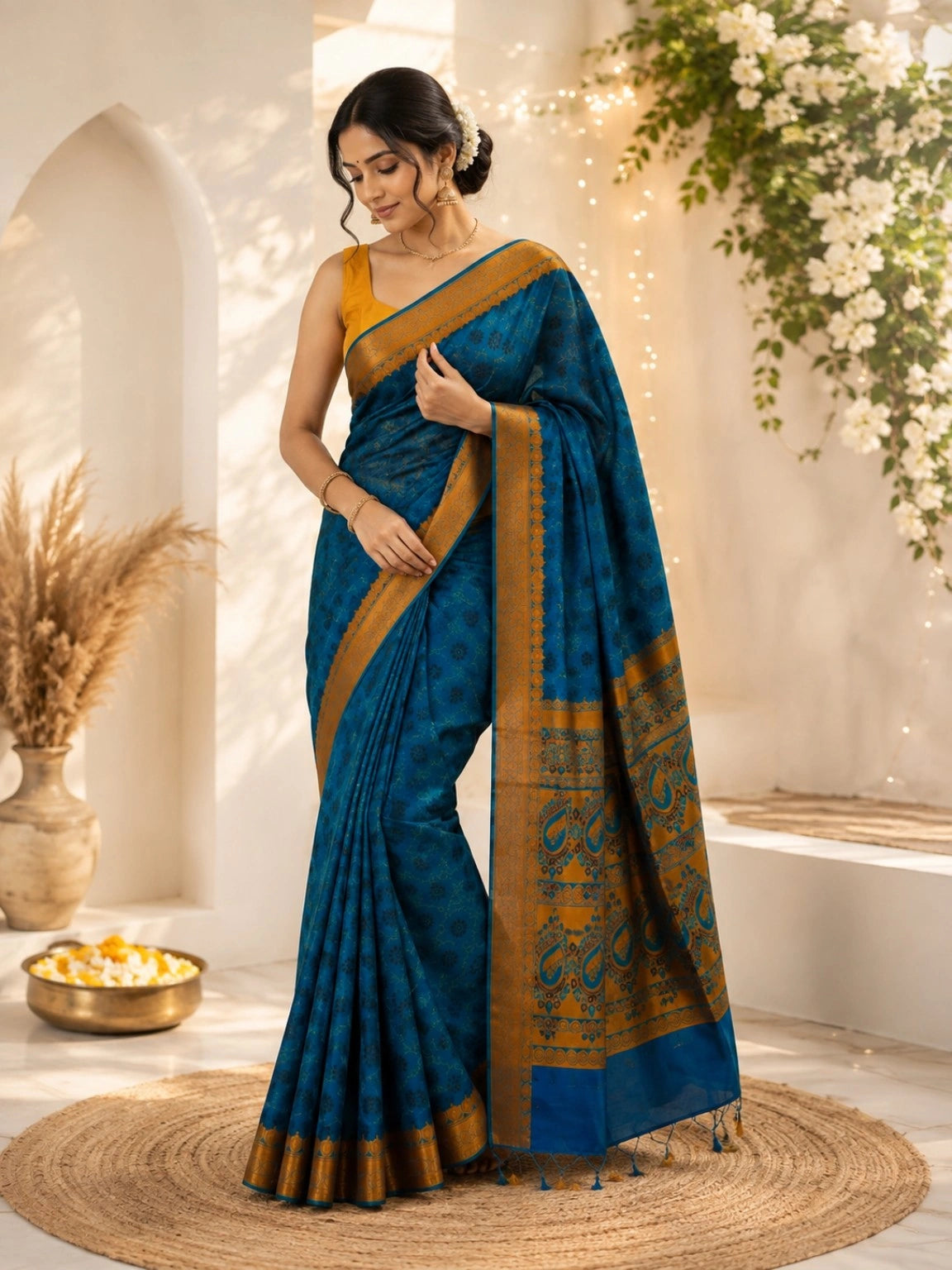 Handloom Cotton Saree in Deep Blue with Intricate Golden Paisley Border