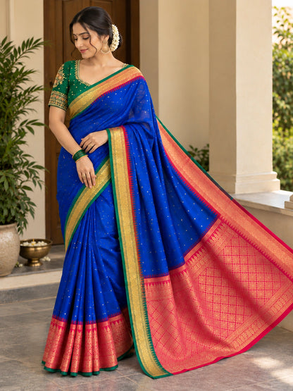 Blue Kadiyal Kanjivaram Silk Saree with Pink Zari Pallu and Green-Gold Border