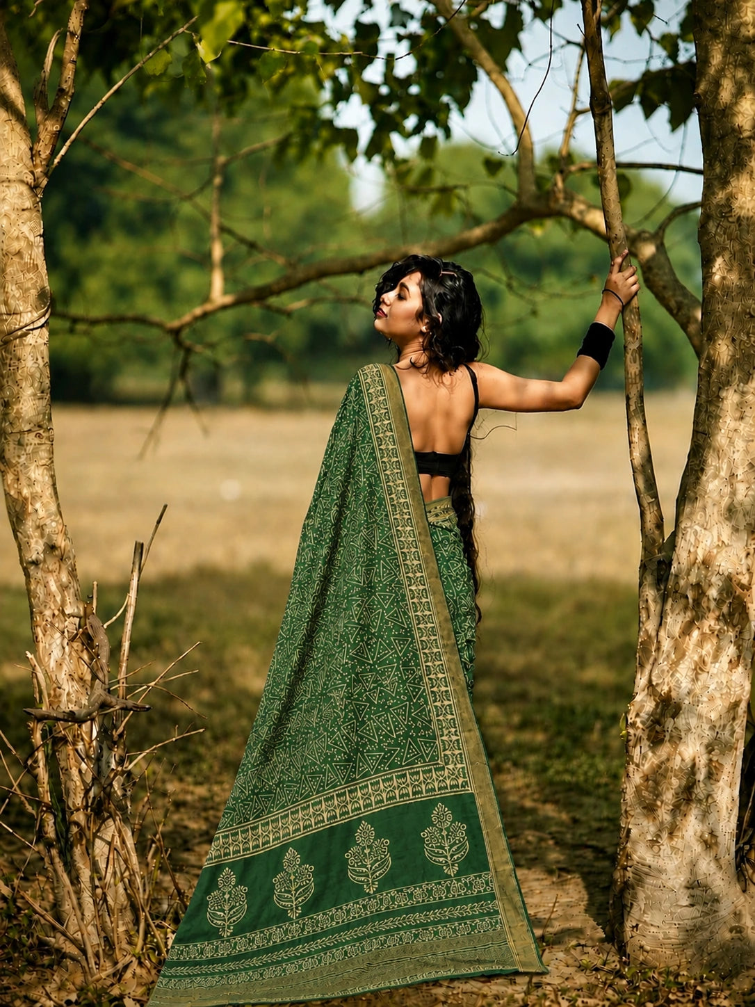 Sage Green Maheshwari Silk Saree with Tribal Geometric Print and Floral Border Design