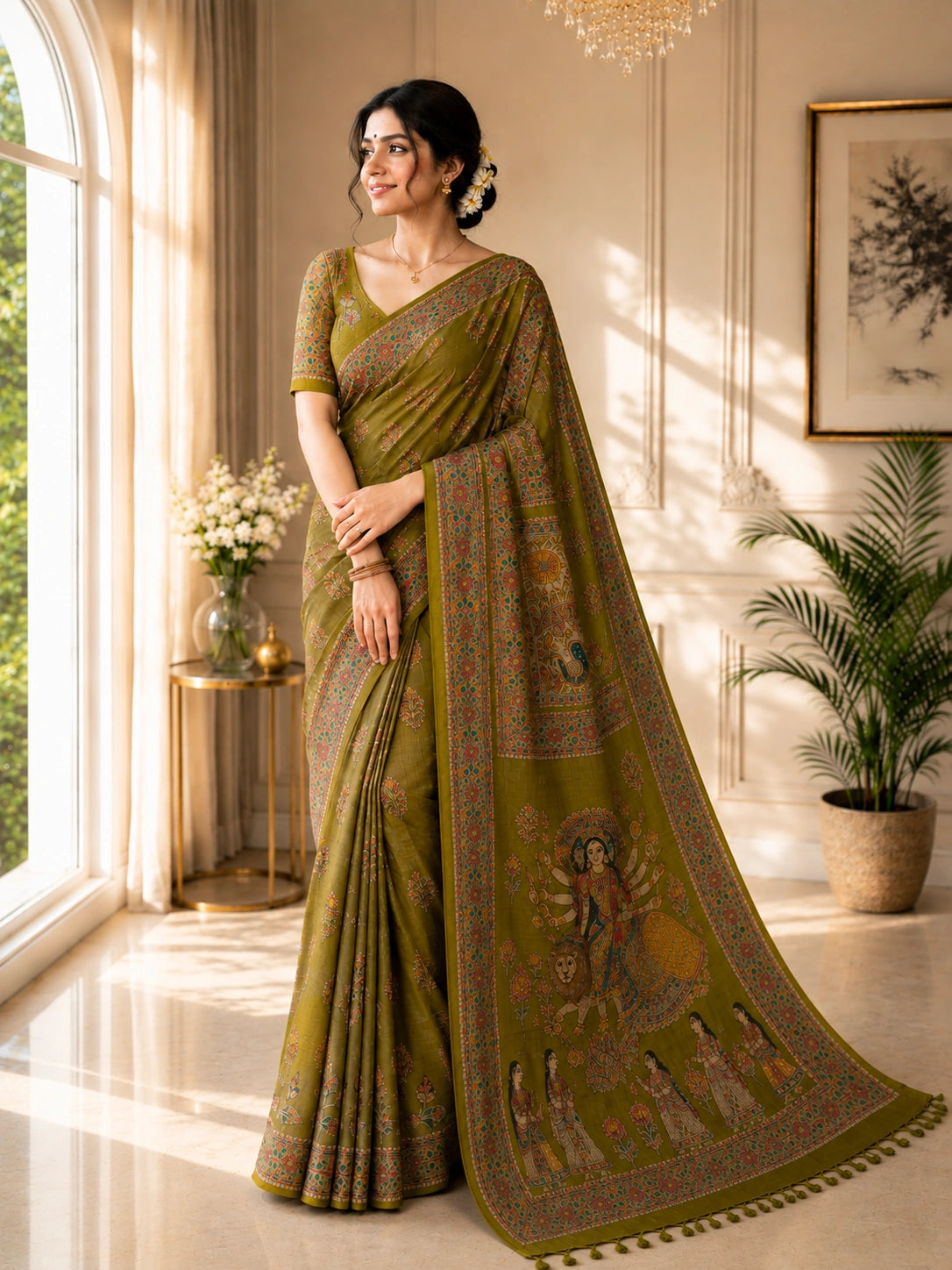 Olive Green Ghicha Tussar Saree with Madhubani Durga Artwork and Traditional Folk Border