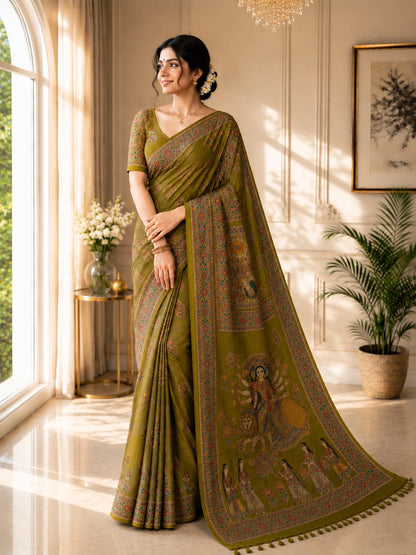 Olive Green Ghicha Tussar Saree with Madhubani Durga Artwork and Traditional Folk Border