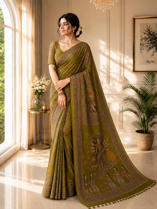 Olive Green Ghicha Tussar Saree with Madhubani Durga Artwork and Traditional Folk Border