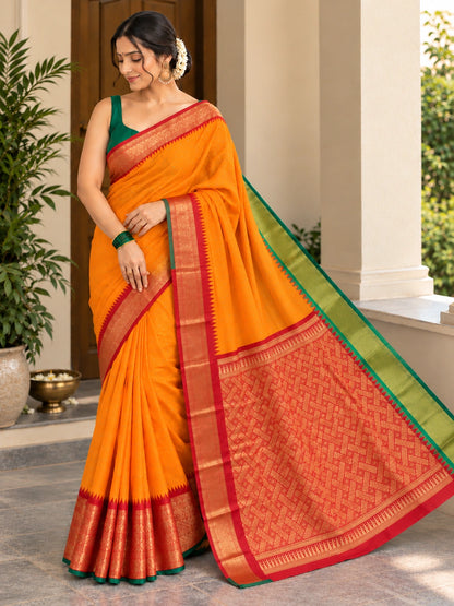 Kadiyal Kanjivaram Ganga Saree in Mustard Yellow with Green and Red Zari Border