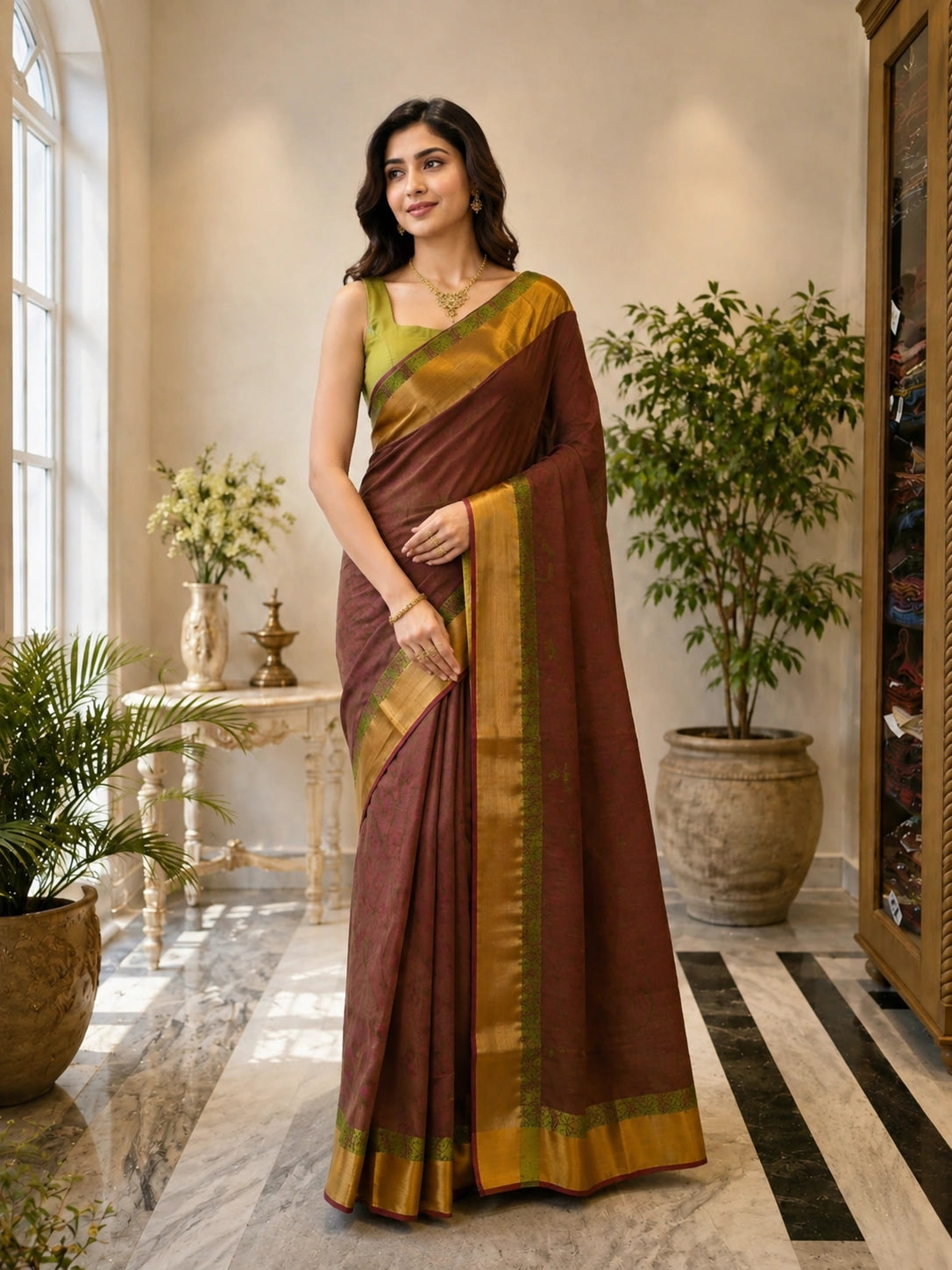 Handloom Cotton Saree in pink with Mustard Gold Border and Green Woven Detail