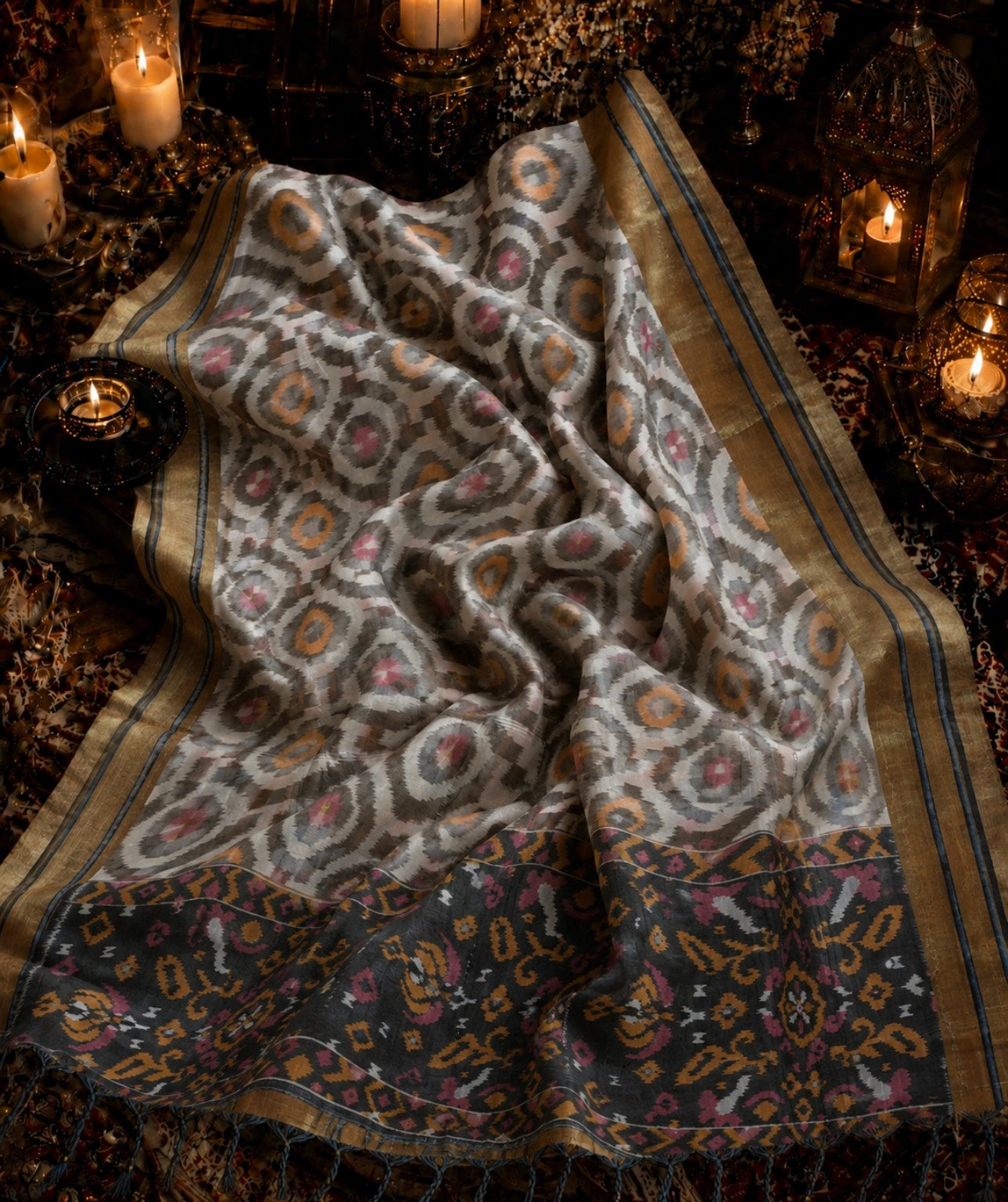 Pure Sico Pochampally Saree in Taupe Grey with Traditional Ikat Geometric Motifs & Dark Contrast Pallu