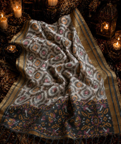 Pure Sico Pochampally Saree in Taupe Grey with Traditional Ikat Geometric Motifs & Dark Contrast Pallu