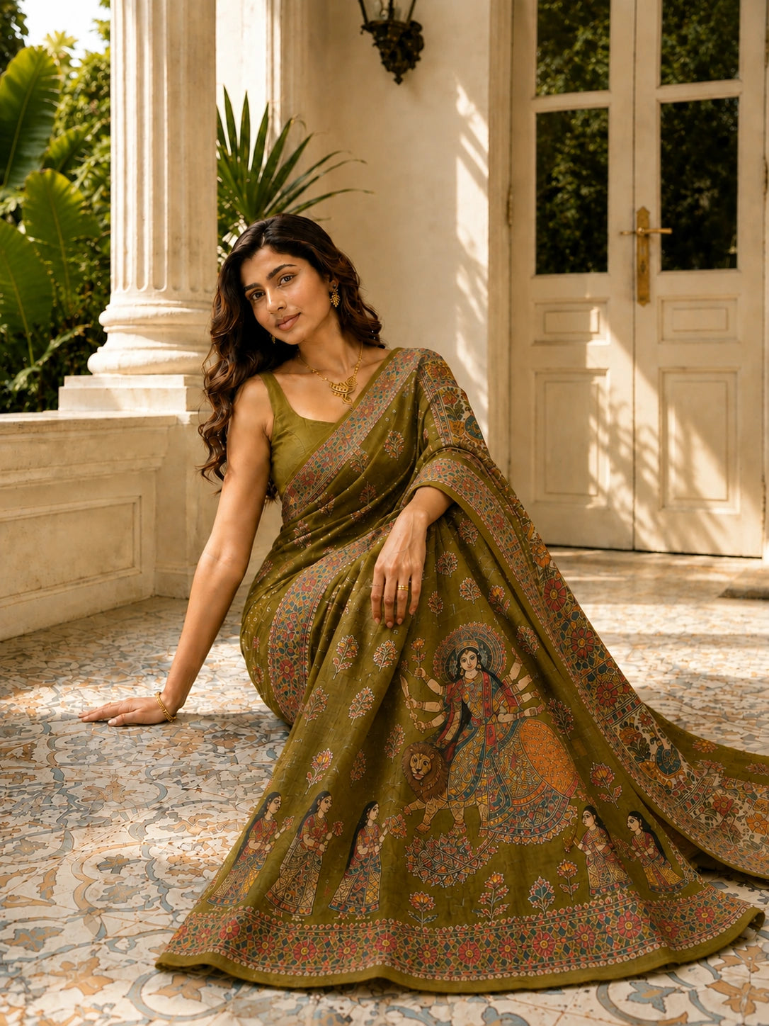 Olive Green Ghicha Tussar Saree with Madhubani Durga Artwork and Traditional Folk Border
