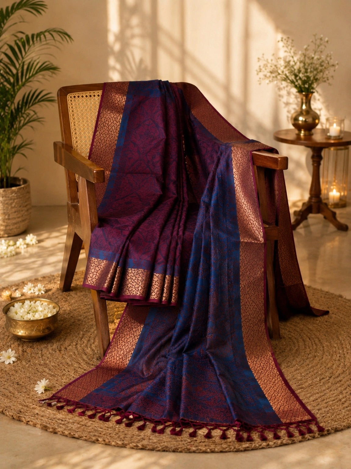Handloom Cotton Saree in Deep Wine & Navy Blue with Woven Border