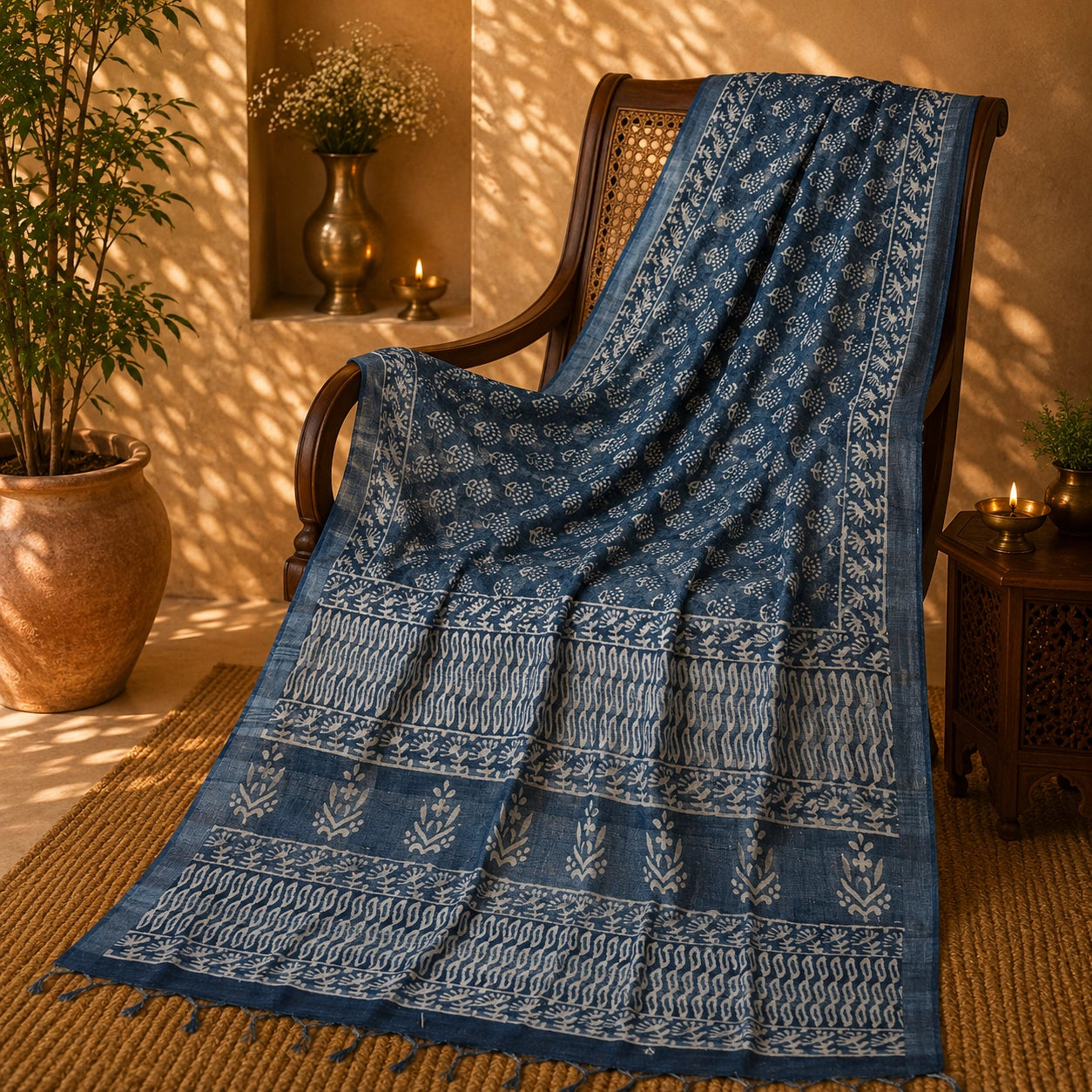 Indigo Blue Linen Printed Saree with White Floral Vine Motifs and Traditional Block Print Border