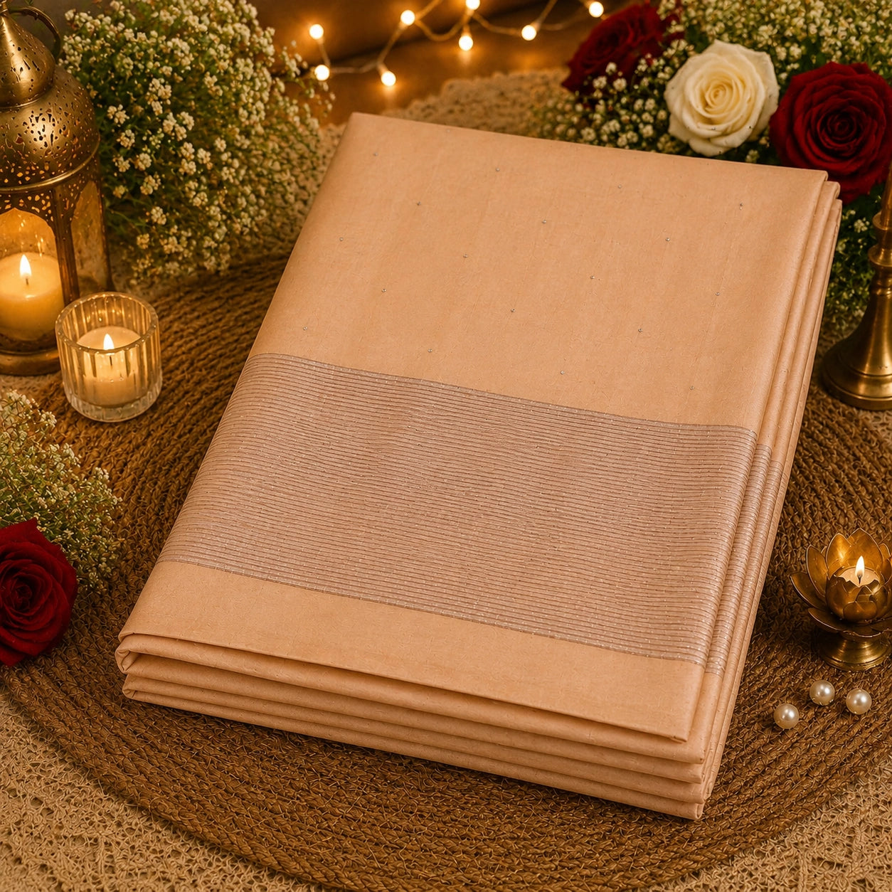 Cream Handloom Pure Cotton Jamdani Saree with Minimal Buti Weaving & Striped Pallu