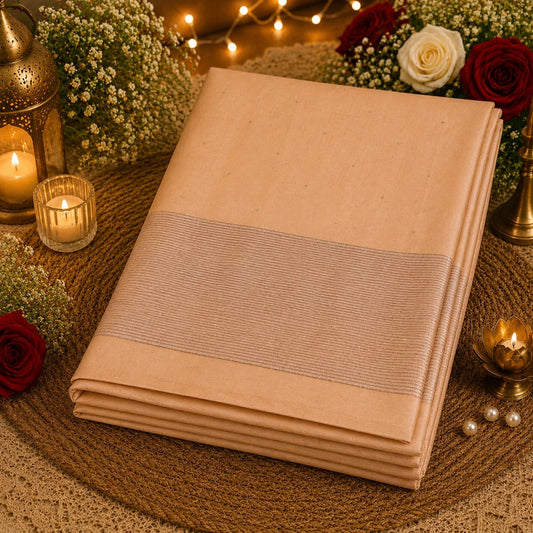 Cream Handloom Pure Cotton Jamdani Saree with Minimal Buti Weaving & Striped Pallu