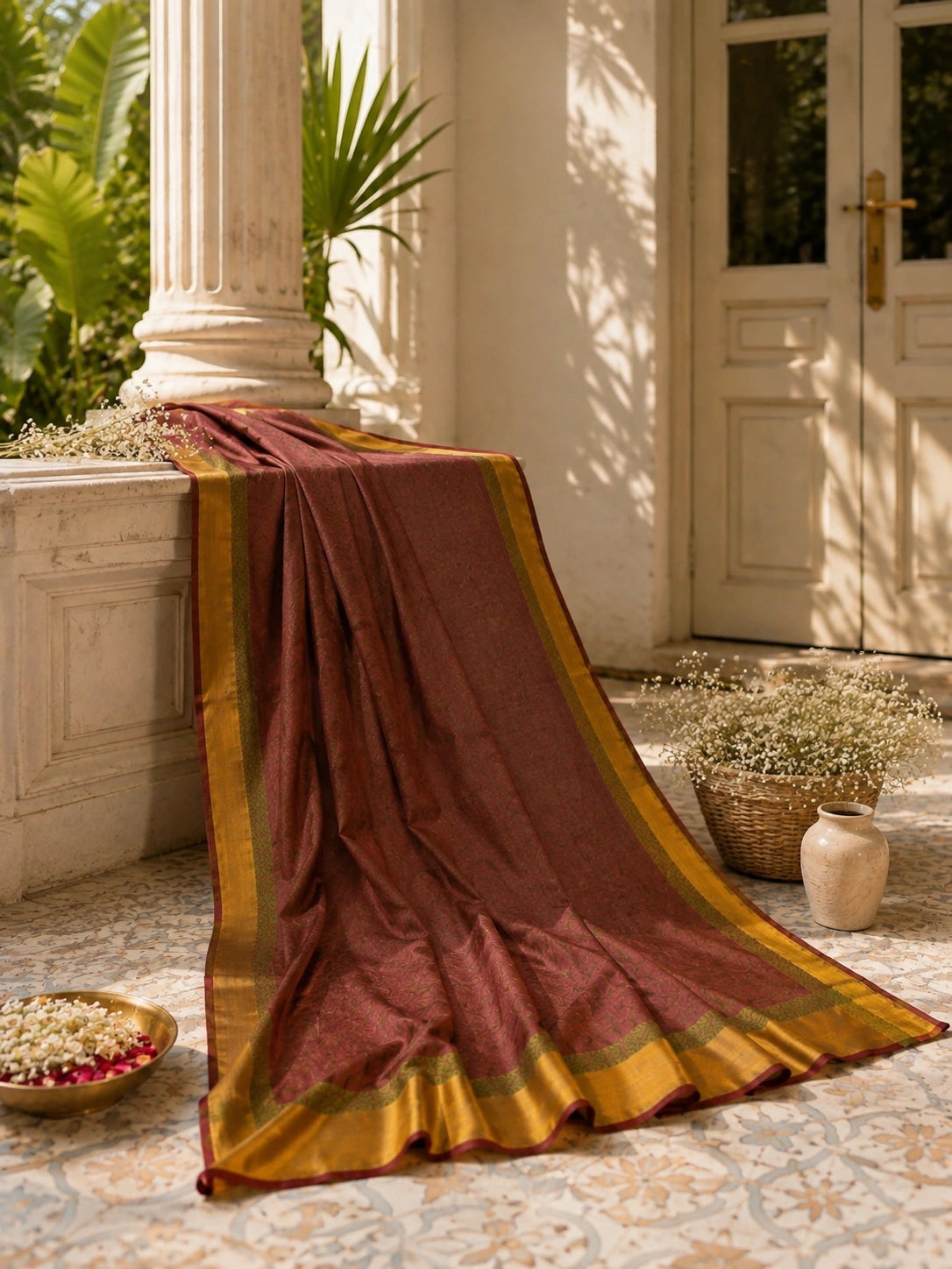 Handloom Cotton Saree in pink with Mustard Gold Border and Green Woven Detail